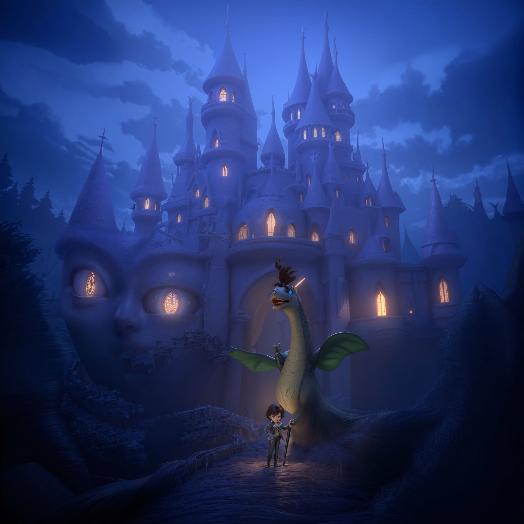 A page from a personalised bedtime story book: a child and a small green dragon in front of a glowing castle